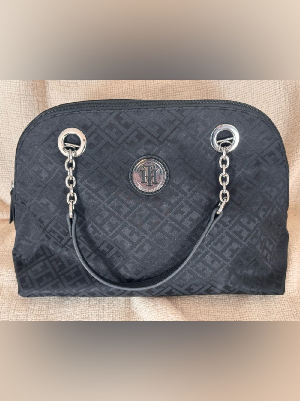 Tommy Hilfiger Black Quilted-Pattern Shoulder Tote with Chain Handles